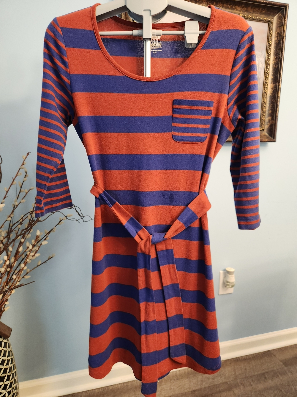 Route 66 Orange and Blue Striped Scoop-Neck Belted Dress